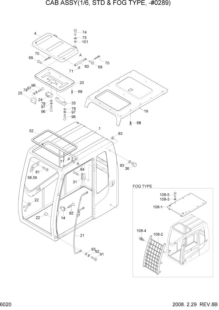 Схема запчастей Hyundai R320LC7A - PAGE 6020 CAB ASSY(1/6, STD & FOG TYPE, -#0289) СТРУКТУРА