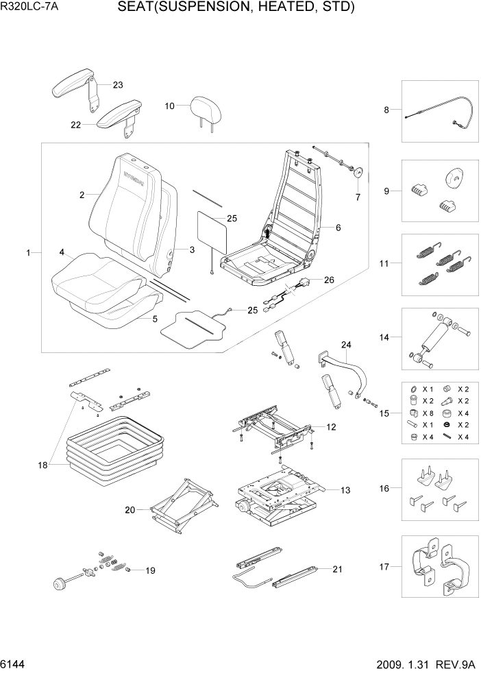 Схема запчастей Hyundai R320LC7A - PAGE 6144 SEAT(SUSPENSION, HEATED, STD) СТРУКТУРА