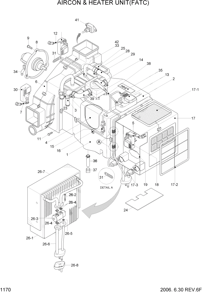 Схема запчастей Hyundai R360LC7 - PAGE 1170 AIRCON & HEATER UNIT-FATC СИСТЕМА ДВИГАТЕЛЯ