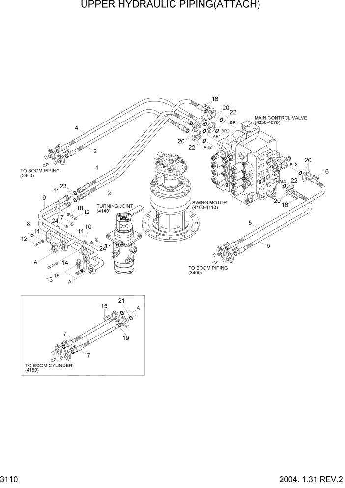 Схема запчастей Hyundai R360LC7 - PAGE 3110 UPPER HYDRAULIC PIPING(ATTACH) ГИДРАВЛИЧЕСКАЯ СИСТЕМА