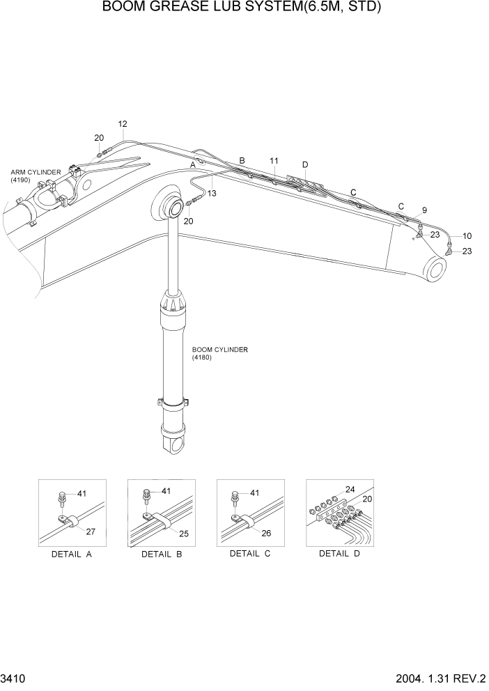 Схема запчастей Hyundai R360LC7 - PAGE 3410 BOOM GREASE LUB SYSTEM(6.5M, STD) ГИДРАВЛИЧЕСКАЯ СИСТЕМА