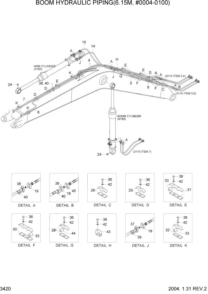 Схема запчастей Hyundai R360LC7 - PAGE 3420 BOOM HYDRAULIC PIPING(6.15M, #0004-0100) ГИДРАВЛИЧЕСКАЯ СИСТЕМА