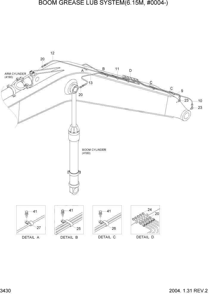 Схема запчастей Hyundai R360LC7 - PAGE 3430 BOOM GREASE LUB SYSTEM(6.15M, #0004-) ГИДРАВЛИЧЕСКАЯ СИСТЕМА