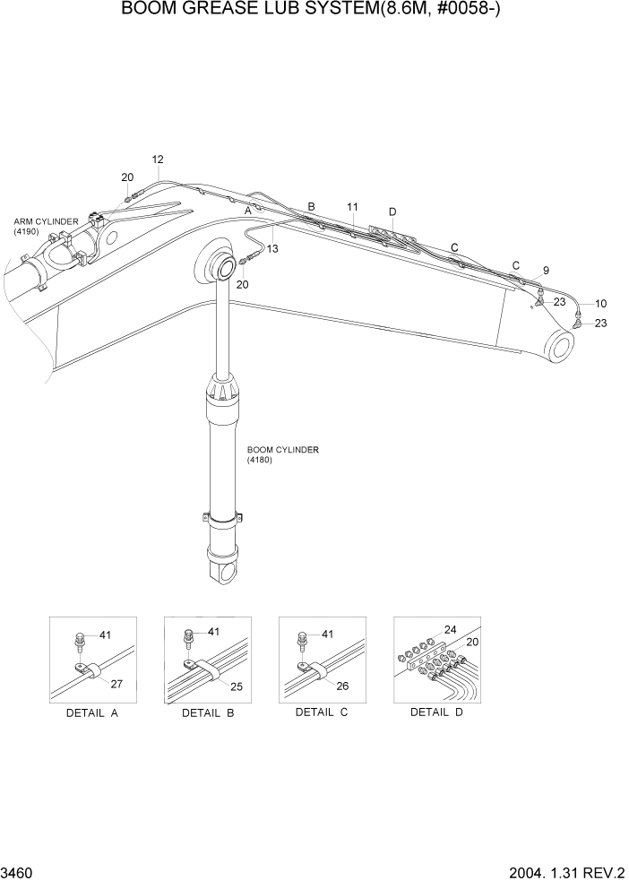 Схема запчастей Hyundai R360LC7 - PAGE 3460 BOOM GREASE LUB SYSTEM(8.6M, #0058-) ГИДРАВЛИЧЕСКАЯ СИСТЕМА