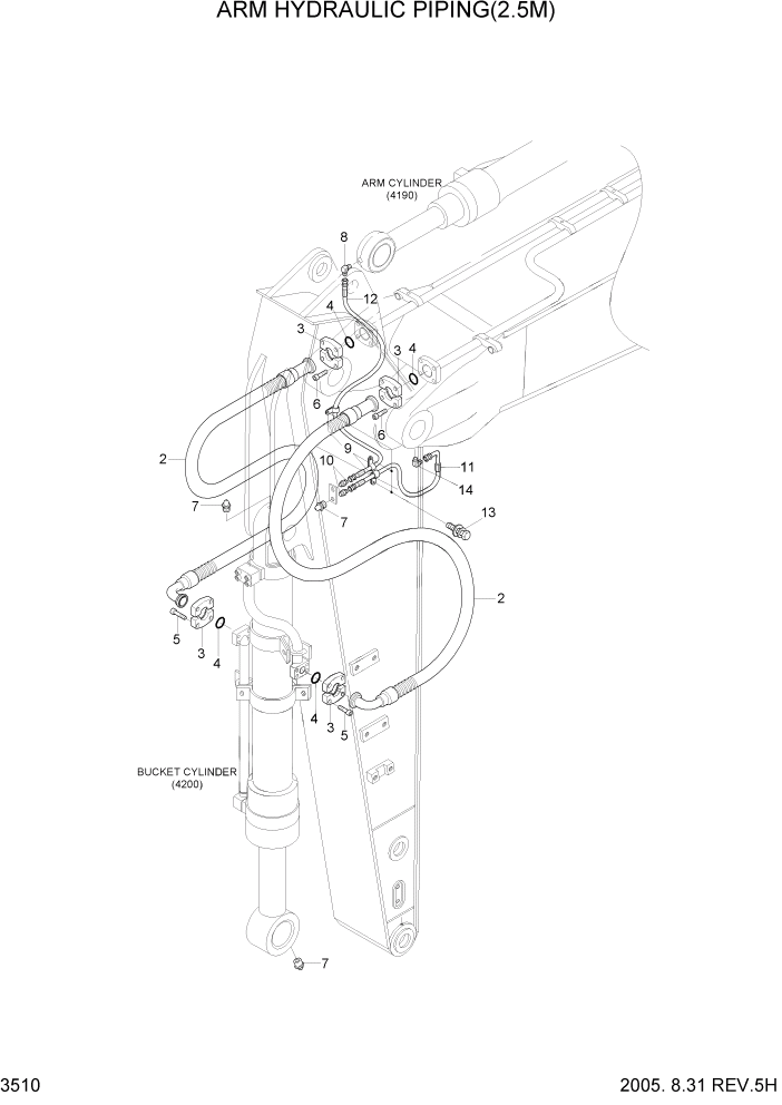 Схема запчастей Hyundai R360LC7 - PAGE 3510 ARM HYDRAULIC PIPING(2.5M) ГИДРАВЛИЧЕСКАЯ СИСТЕМА
