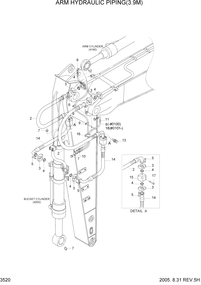 Схема запчастей Hyundai R360LC7 - PAGE 3520 ARM HYDRAULIC PIPING(3.9M) ГИДРАВЛИЧЕСКАЯ СИСТЕМА