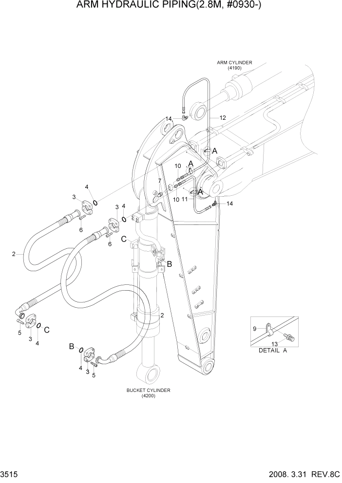Схема запчастей Hyundai R360LC7 - PAGE 3560 ARM HYDRAULIC PIPING(2.8, #0930-) ГИДРАВЛИЧЕСКАЯ СИСТЕМА
