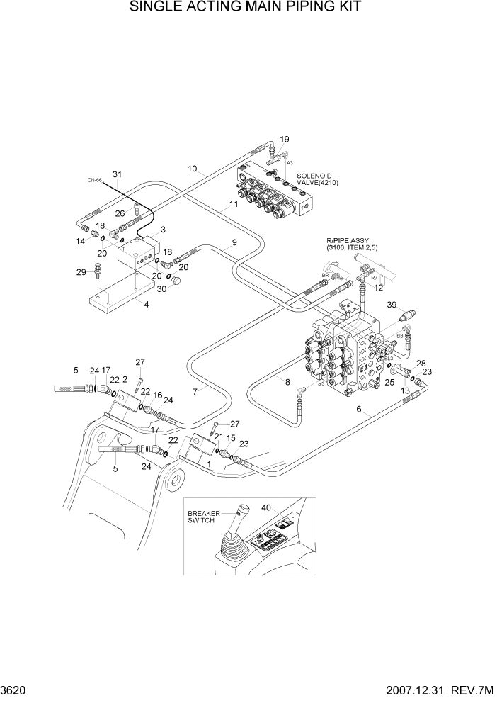 Схема запчастей Hyundai R360LC7 - PAGE 3620 SINGLE ACTING MAIN PIPING KIT ГИДРАВЛИЧЕСКАЯ СИСТЕМА
