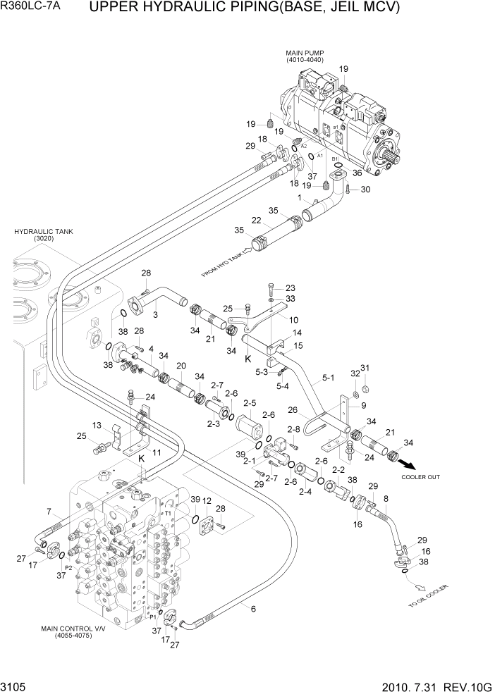 Схема запчастей Hyundai R360LC7A - PAGE 3105 UPPER HYDRAULIC PIPING(BASE, JEIL MCV)) ГИДРАВЛИЧЕСКАЯ СИСТЕМА