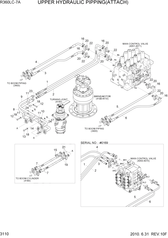 Схема запчастей Hyundai R360LC7A - PAGE 3110 UPPER HYDRAULIC PIPING(ATTACH) ГИДРАВЛИЧЕСКАЯ СИСТЕМА