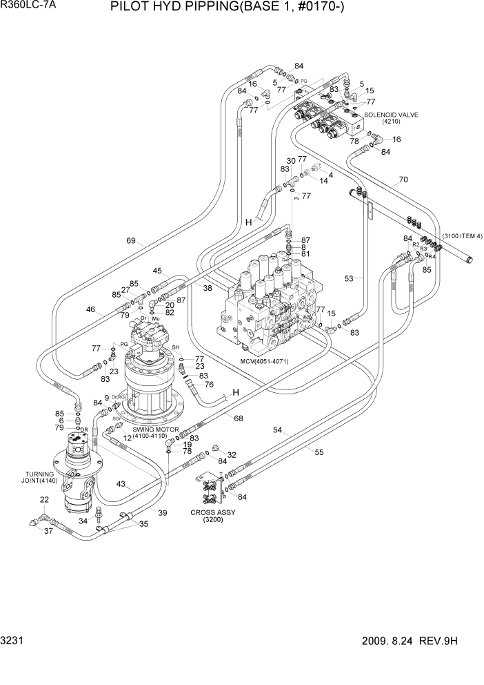 Схема запчастей Hyundai R360LC7A - PAGE 3231 PILOT HYD PIPING(BASE 1, #0170-) ГИДРАВЛИЧЕСКАЯ СИСТЕМА