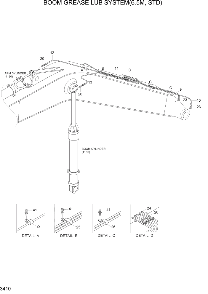 Схема запчастей Hyundai R360LC7A - PAGE 3410 BOOM GREASE LUB SYSTEM(6.5M, STD) ГИДРАВЛИЧЕСКАЯ СИСТЕМА