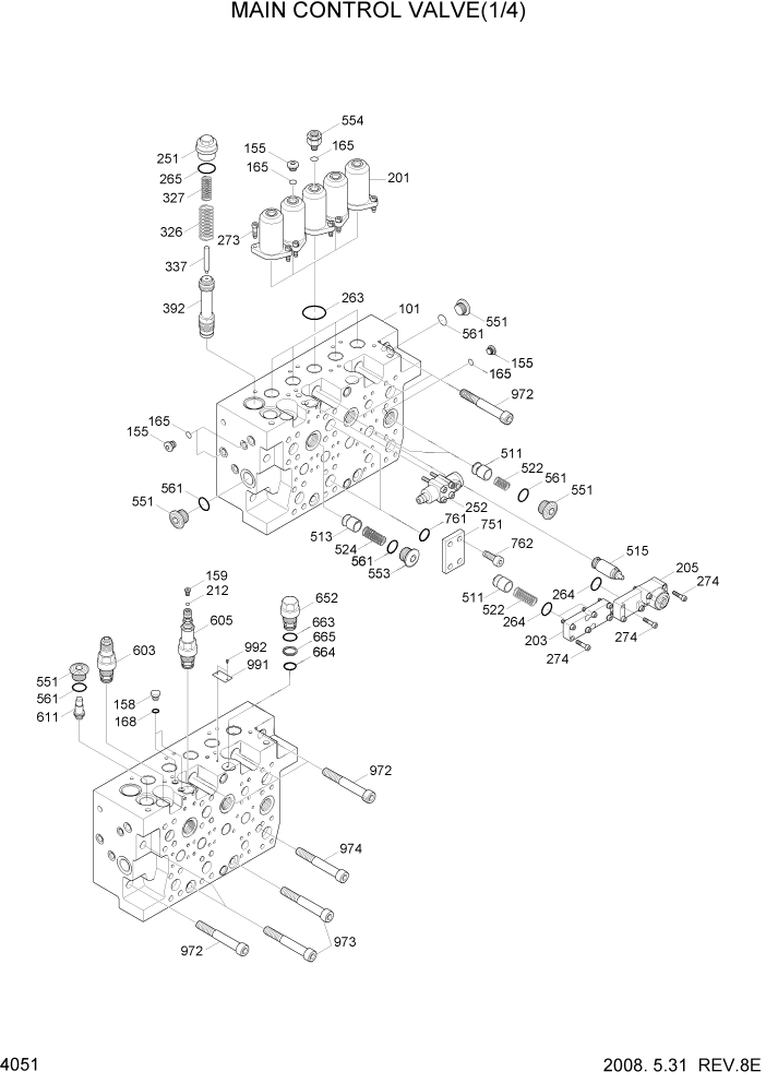 Схема запчастей Hyundai R360LC7A - PAGE 4051 MAIN CONTROL VALVE(1/4, #0170-) ГИДРАВЛИЧЕСКИЕ КОМПОНЕНТЫ