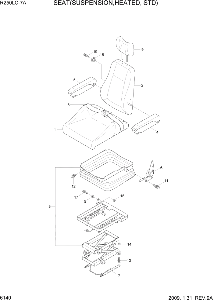 Схема запчастей Hyundai R360LC7A - PAGE 6140 SEAT(SUSPENSION, HEATED, STD) СТРУКТУРА