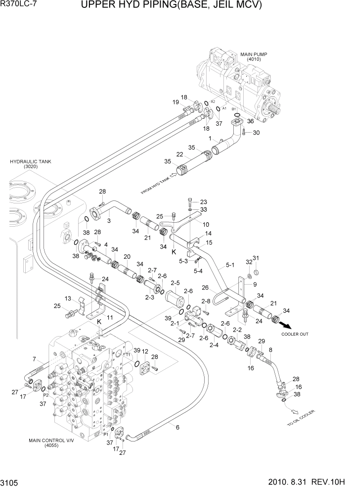 Схема запчастей Hyundai R370LC7 - PAGE 3105 UPPER HYDRAULIC PIPING(BASE, JEIL MCV)) ГИДРАВЛИЧЕСКАЯ СИСТЕМА