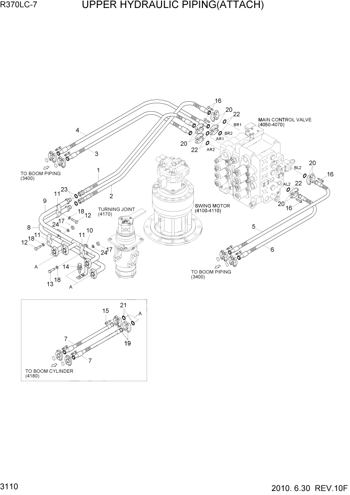Схема запчастей Hyundai R370LC7 - PAGE 3110 UPPER HYDRAULIC PIPING(ATTACH) ГИДРАВЛИЧЕСКАЯ СИСТЕМА