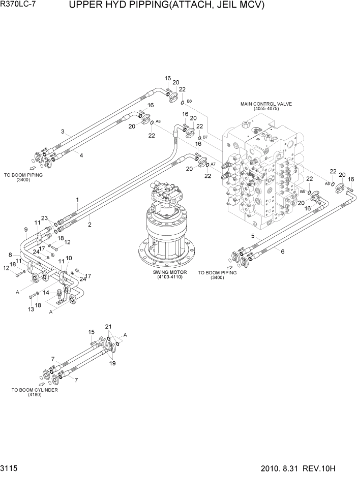 Схема запчастей Hyundai R370LC7 - PAGE 3115 UPPER HYDRAULIC PIPING(ATTACH, JEIL MCV) ГИДРАВЛИЧЕСКАЯ СИСТЕМА