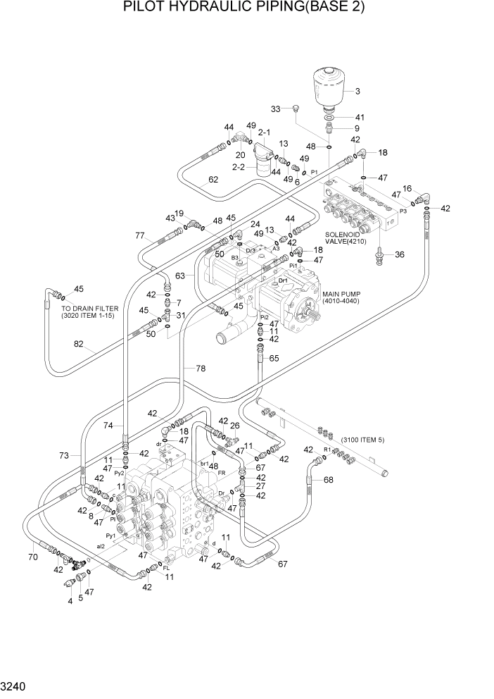 Схема запчастей Hyundai R370LC7 - PAGE 3240 PILOT HYDRAULIC PIPING(BASE 2) ГИДРАВЛИЧЕСКАЯ СИСТЕМА