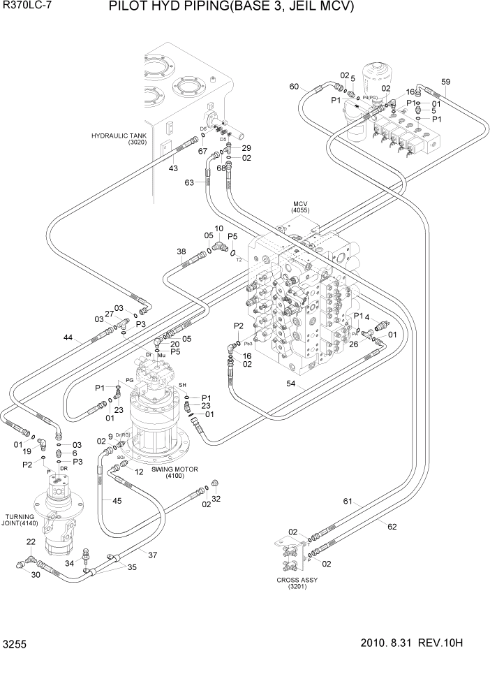 Схема запчастей Hyundai R370LC7 - PAGE 3255 PILOT HYD PIPING(BASE 3, JEIL MCV) ГИДРАВЛИЧЕСКАЯ СИСТЕМА