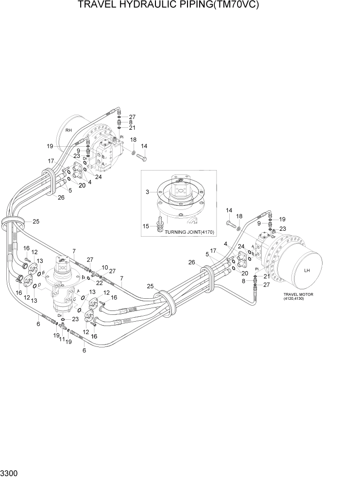 Схема запчастей Hyundai R370LC7 - PAGE 3300 TRAVEL HYDRAULIC PIPING(TM70VC) ГИДРАВЛИЧЕСКАЯ СИСТЕМА