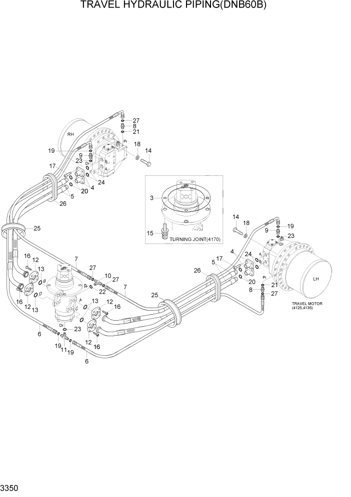 Схема запчастей Hyundai R370LC7 - PAGE 3350 TRAVEL HYDRAULIC PIPING(DNB60B) ГИДРАВЛИЧЕСКАЯ СИСТЕМА