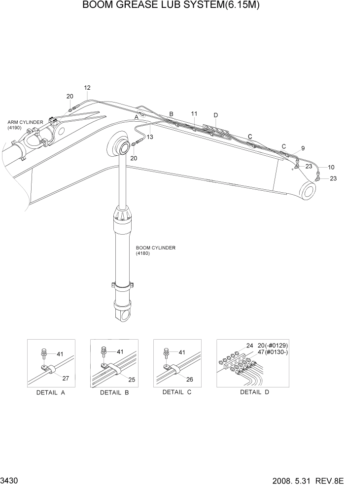 Схема запчастей Hyundai R370LC7 - PAGE 3430 BOOM GREASE LUB SYSTEM(6.15M) ГИДРАВЛИЧЕСКАЯ СИСТЕМА