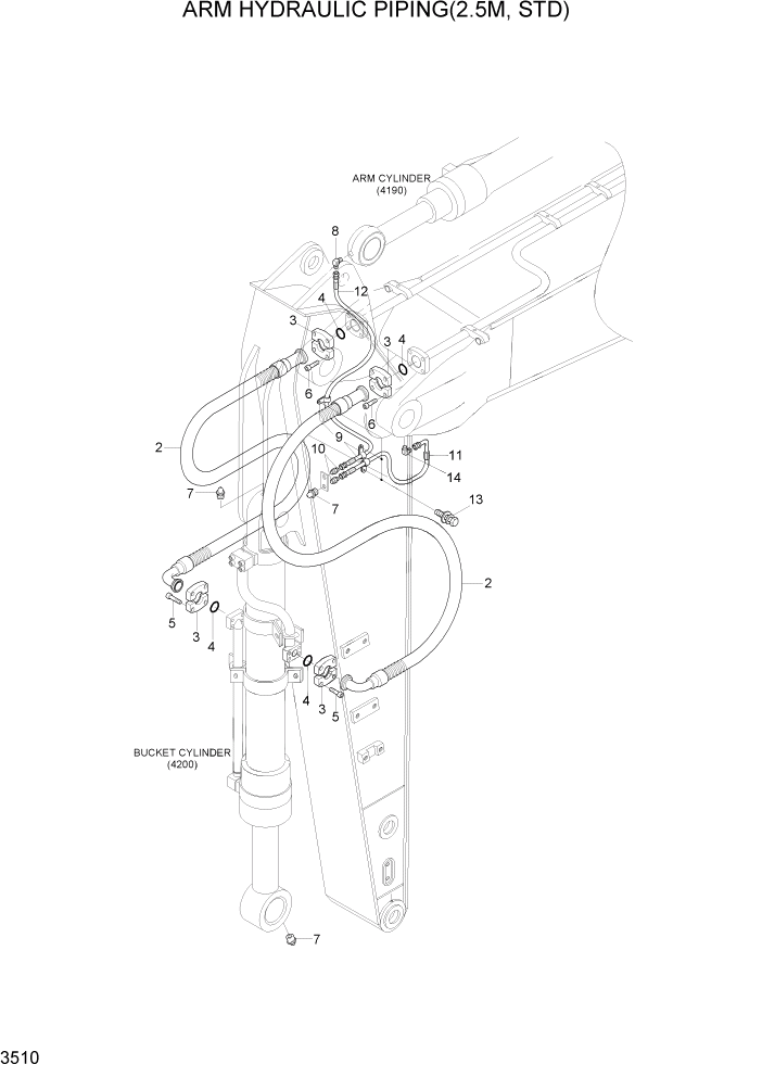 Схема запчастей Hyundai R370LC7 - PAGE 3510 ARM HYDRAULIC PIPING(2.5M, STD) ГИДРАВЛИЧЕСКАЯ СИСТЕМА