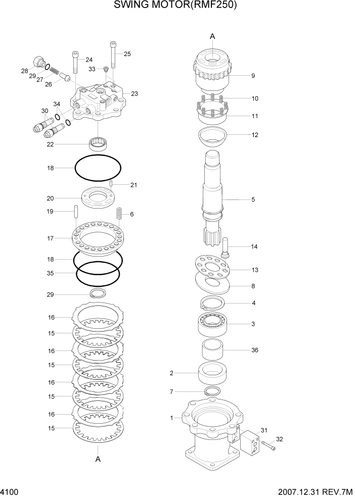 Схема запчастей Hyundai R370LC7 - PAGE 4100 SWING MOTOR(RMF250) ГИДРАВЛИЧЕСКИЕ КОМПОНЕНТЫ