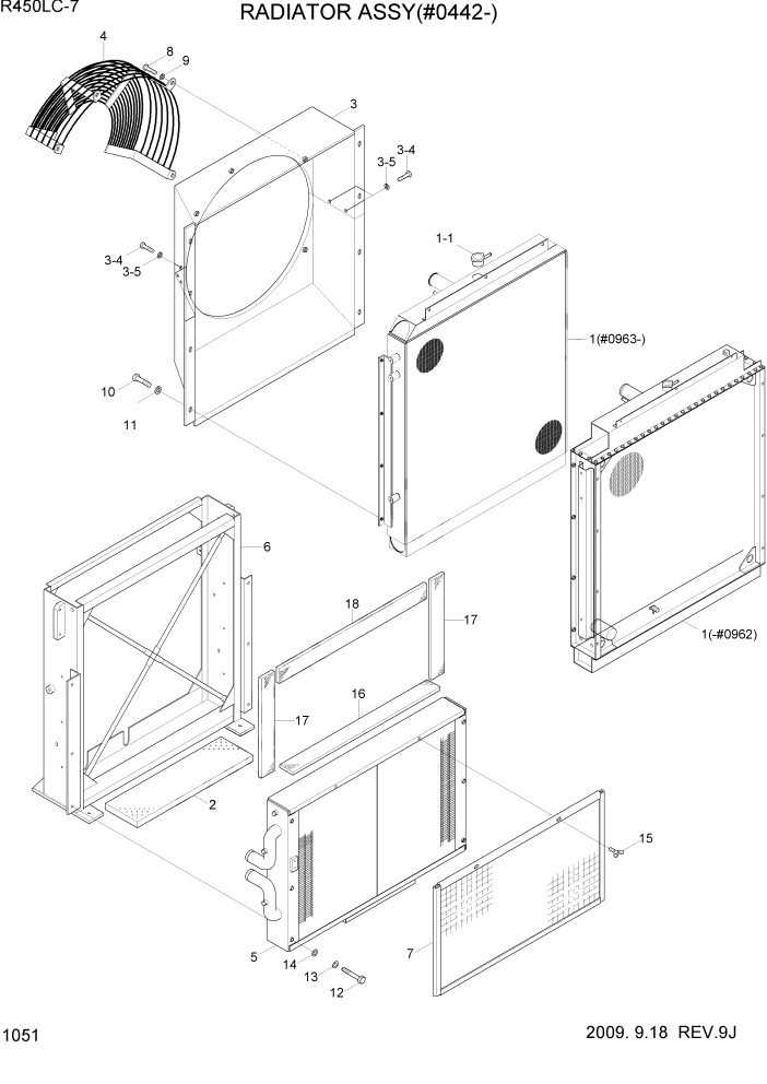 Схема запчастей Hyundai R450LC7 - PAGE 1051 RADIATOR ASSY(#0442-) СИСТЕМА ДВИГАТЕЛЯ