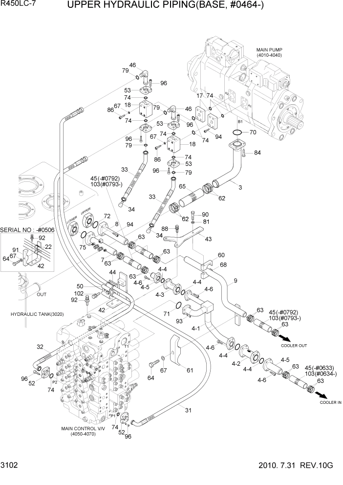 Схема запчастей Hyundai R450LC7 - PAGE 3102 UPPER HYDRAULIC PIPING(BASE, #0464-) ГИДРАВЛИЧЕСКАЯ СИСТЕМА