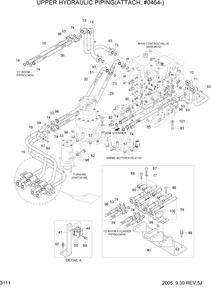 Схема запчастей Hyundai R450LC7 - PAGE 3111 UPPER HYDRAULIC PIPING(ATTACH, #0464-) ГИДРАВЛИЧЕСКАЯ СИСТЕМА