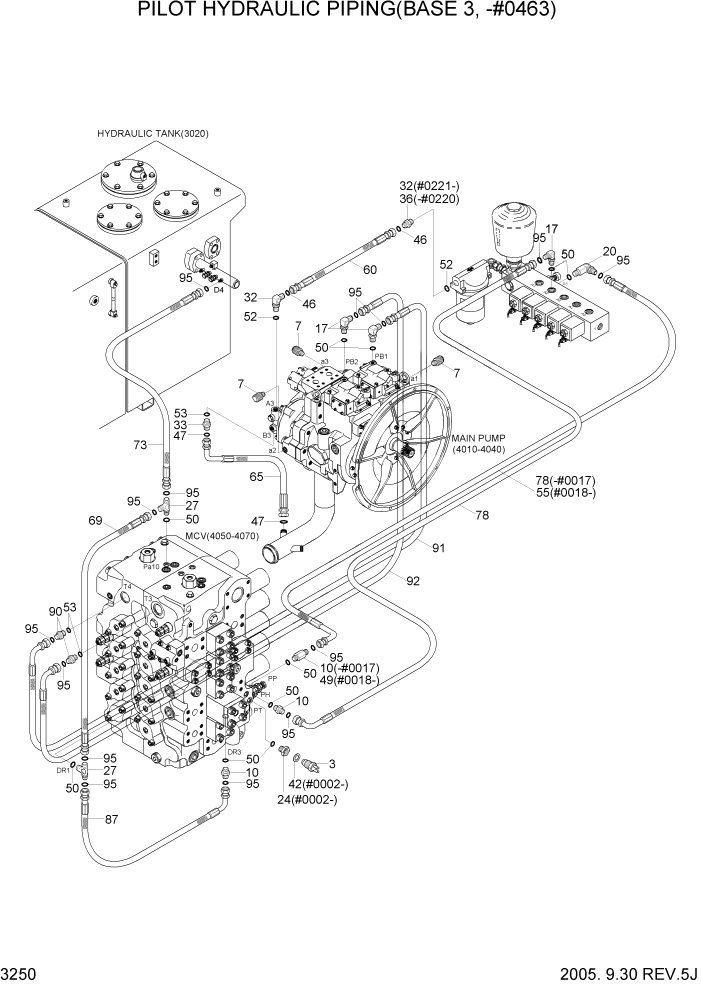 Схема запчастей Hyundai R450LC7 - PAGE 3250 PILOT HYDRAULIC PIPING(BASE 3, -#0463) ГИДРАВЛИЧЕСКАЯ СИСТЕМА