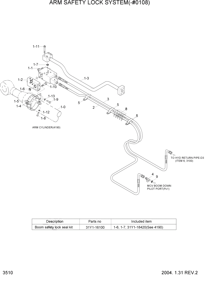 Схема запчастей Hyundai R450LC7 - PAGE 3510 ARM SAFETY LOCK SYSTEM(-#0108) ГИДРАВЛИЧЕСКАЯ СИСТЕМА