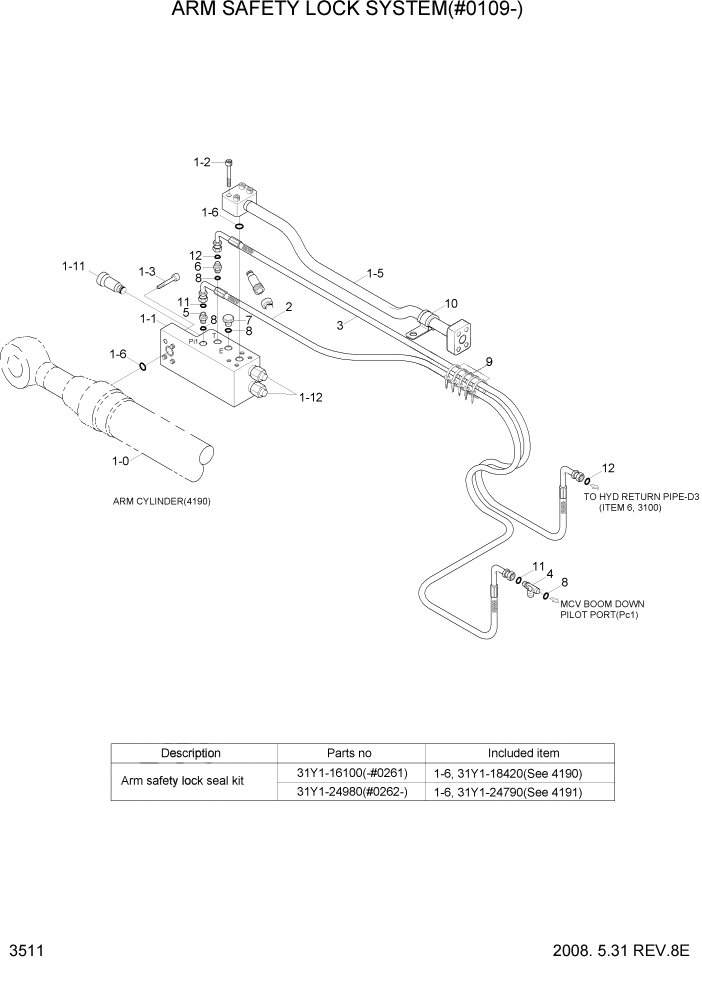 Схема запчастей Hyundai R450LC7 - PAGE 3511 ARM SAFETY LOCK SYSTEM(#0109-) ГИДРАВЛИЧЕСКАЯ СИСТЕМА
