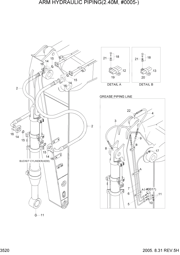 Схема запчастей Hyundai R450LC7 - PAGE 3520 ARM HYDRAULIC PIPING(2.40M, #0005-) ГИДРАВЛИЧЕСКАЯ СИСТЕМА