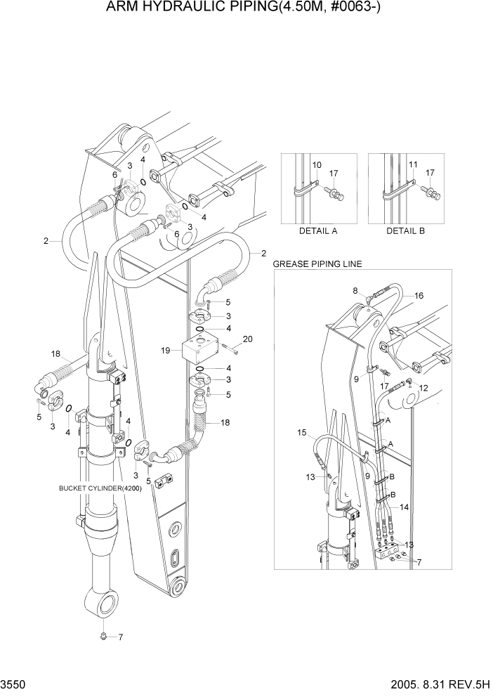 Схема запчастей Hyundai R450LC7 - PAGE 3550 ARM HYDRAULIC PIPING(4.50M, #0063-) ГИДРАВЛИЧЕСКАЯ СИСТЕМА