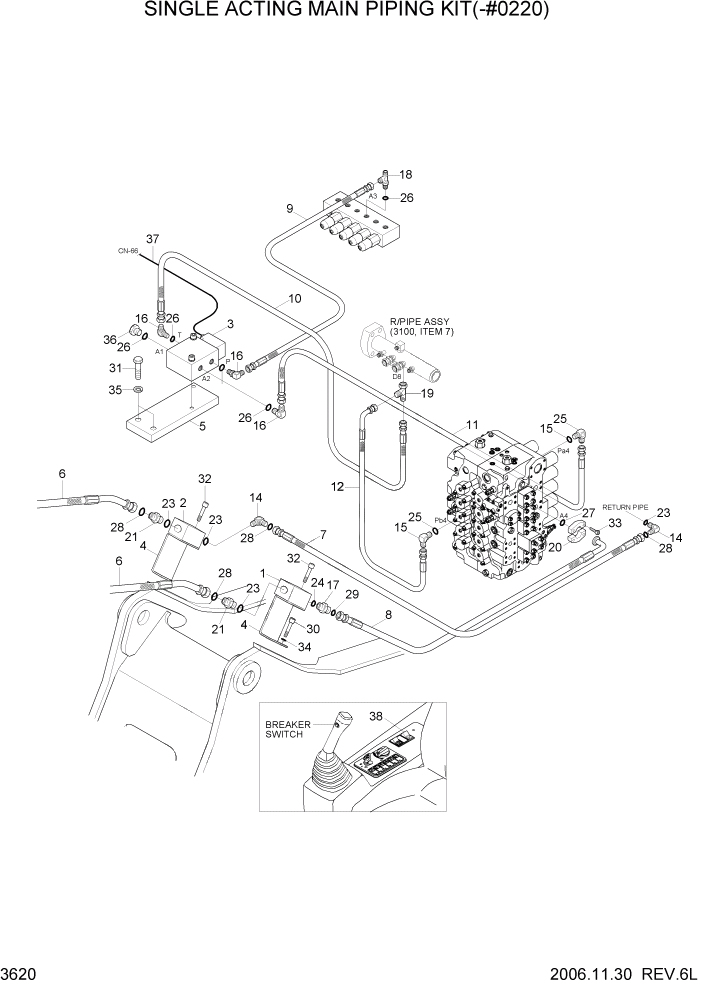 Схема запчастей Hyundai R450LC7 - PAGE 3620 SINGLE ACTING MAIN PIPING KIT(-#0220) ГИДРАВЛИЧЕСКАЯ СИСТЕМА