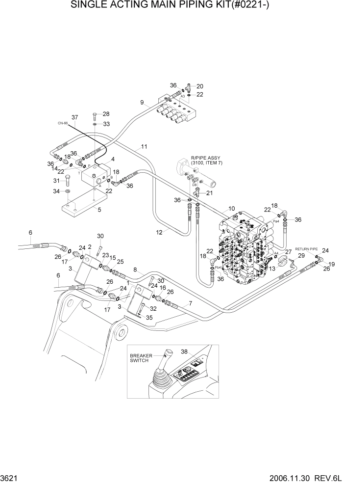 Схема запчастей Hyundai R450LC7 - PAGE 3621 SINGLE ACTING MAIN PIPING KIT(#0221-) ГИДРАВЛИЧЕСКАЯ СИСТЕМА