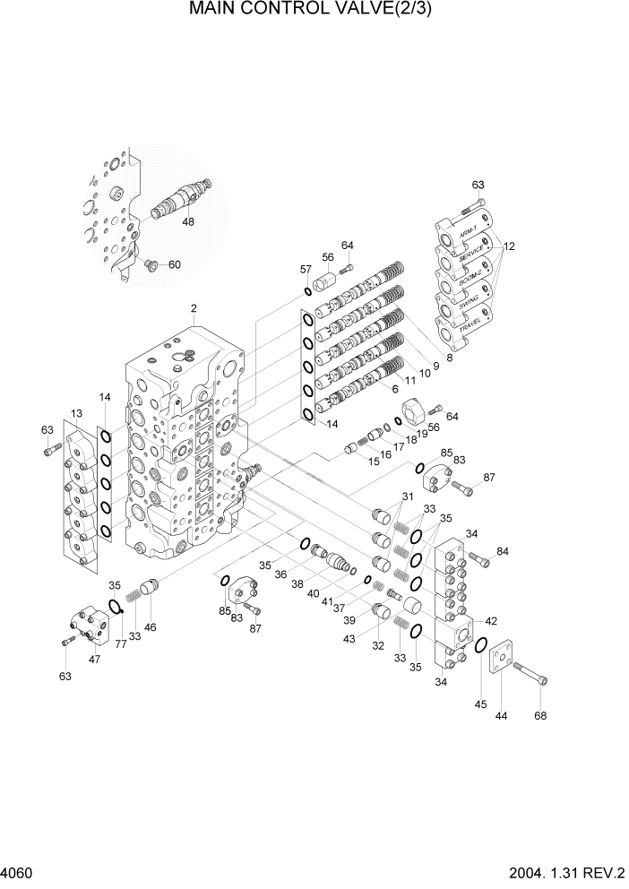 Схема запчастей Hyundai R450LC7 - PAGE 4060 MAIN CONTROL VALVE(2/3) ГИДРАВЛИЧЕСКИЕ КОМПОНЕНТЫ