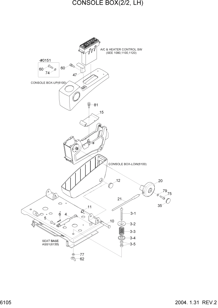 Схема запчастей Hyundai R450LC7 - PAGE 6105 CONSOLE BOX(2/2, LH) СТРУКТУРА