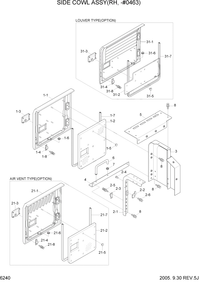 Схема запчастей Hyundai R450LC7 - PAGE 6240 SIDE COWL ASSY(RH, -#0463) СТРУКТУРА
