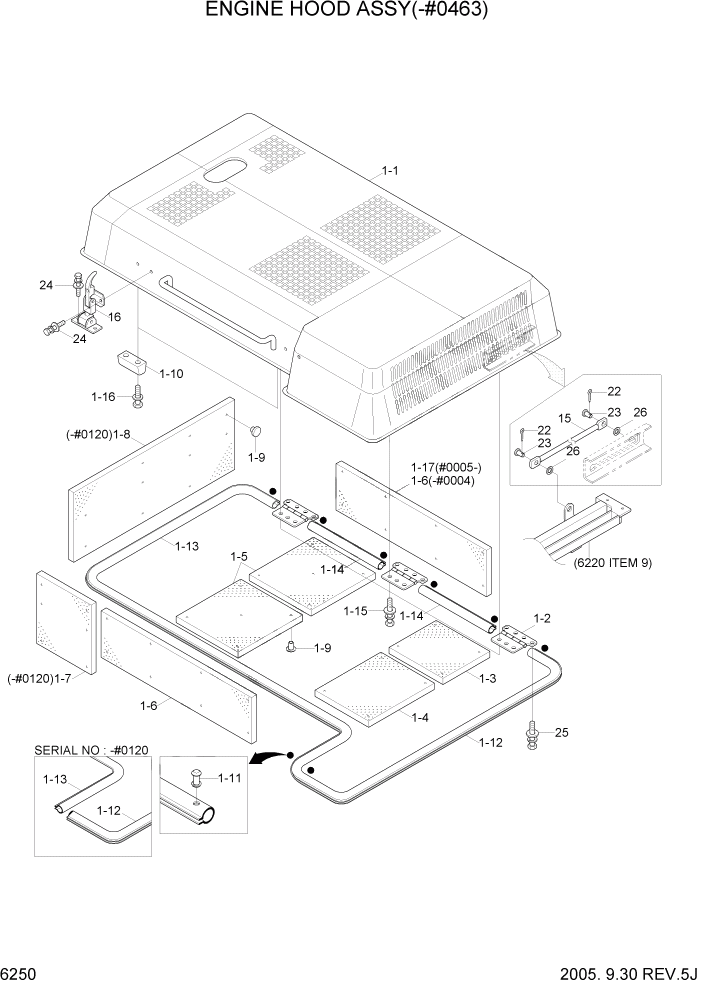 Схема запчастей Hyundai R450LC7 - PAGE 6250 ENGINE HOOD ASSY(-#0463) СТРУКТУРА