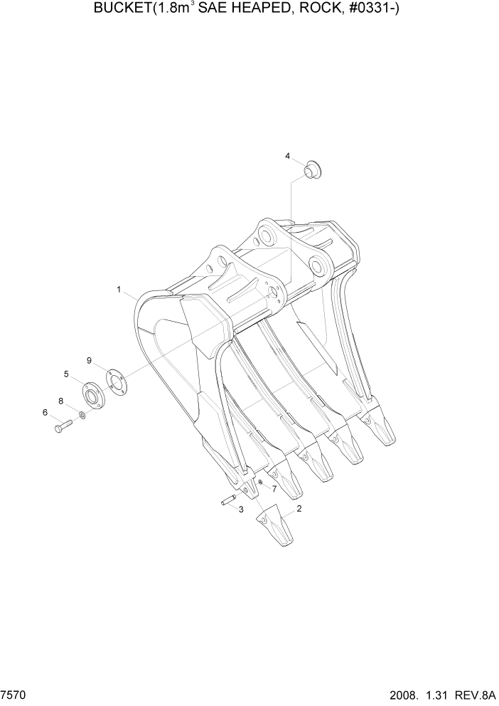 Схема запчастей Hyundai R450LC7 - PAGE 7570 BUCKET(1.8M3 SAE HEAPED, ROCK, #0331-) РАБОЧЕЕ ОБОРУДОВАНИЕ
