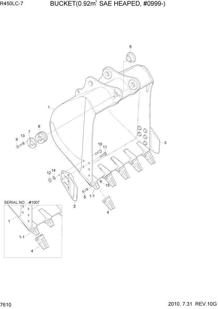 Схема запчастей Hyundai R450LC7 - PAGE 7610 BUCKET(0.92M3 SAE HEAPED, #0999-) РАБОЧЕЕ ОБОРУДОВАНИЕ