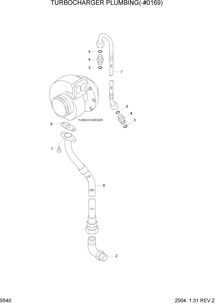 Схема запчастей Hyundai R450LC7 - PAGE 9540 TURBOCHARGER PLUMBING(-#0169) ДВИГАТЕЛЬ БАЗА