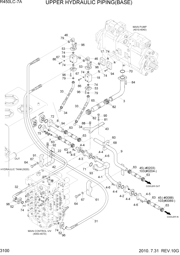 Схема запчастей Hyundai R450LC7A - PAGE 3100 UPPER HYDRAULIC PIPING(BASE) ГИДРАВЛИЧЕСКАЯ СИСТЕМА