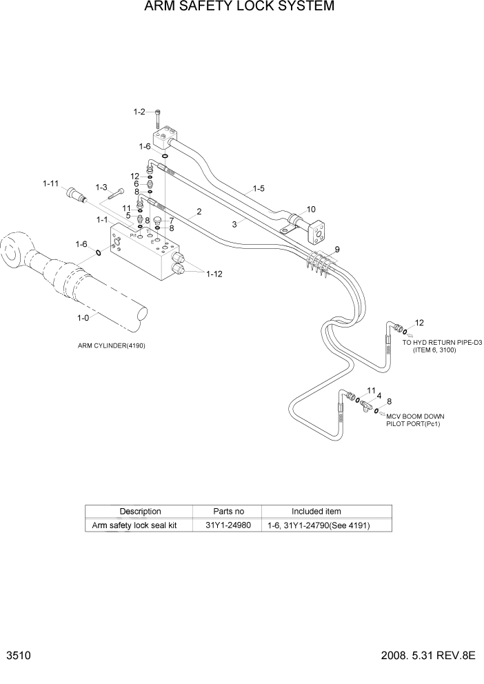 Схема запчастей Hyundai R450LC7A - PAGE 3510 ARM SAFETY LOCK SYSTEM ГИДРАВЛИЧЕСКАЯ СИСТЕМА