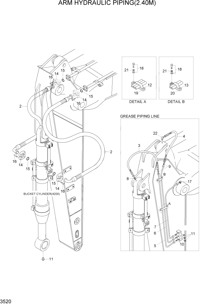 Схема запчастей Hyundai R450LC7A - PAGE 3520 ARM HYDRAULIC PIPING(2.40M) ГИДРАВЛИЧЕСКАЯ СИСТЕМА