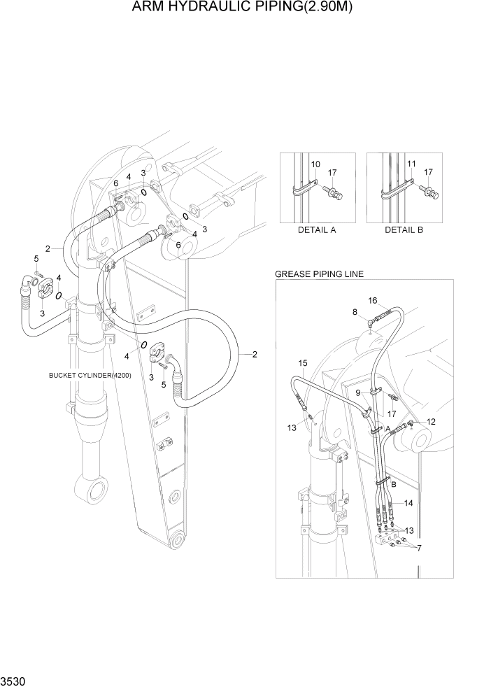 Схема запчастей Hyundai R450LC7A - PAGE 3530 ARM HYDRAULIC PIPING(2.90M) ГИДРАВЛИЧЕСКАЯ СИСТЕМА