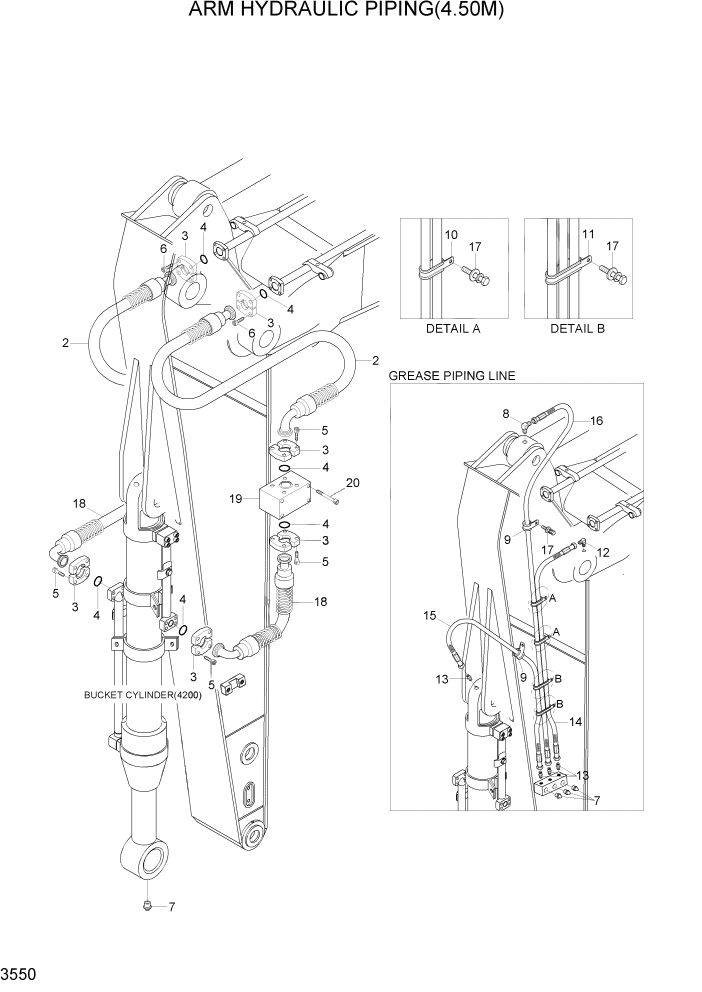 Схема запчастей Hyundai R450LC7A - PAGE 3550 ARM HYDRAULIC PIPING(4.50M) ГИДРАВЛИЧЕСКАЯ СИСТЕМА